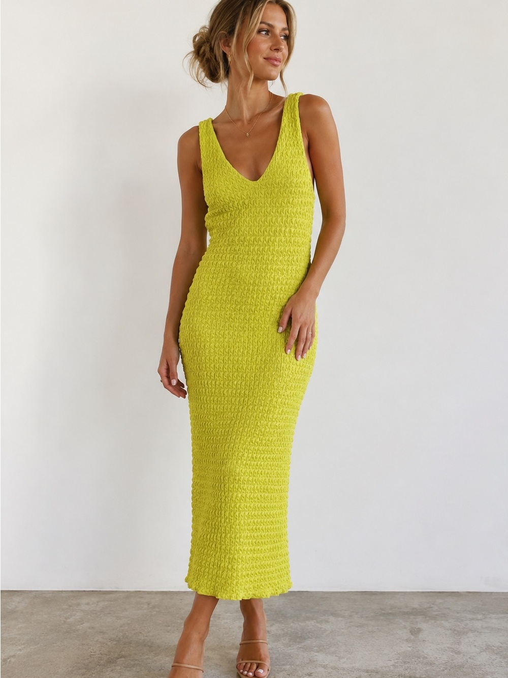Zara Lime Textured V‑Neck Midi Dress NWT